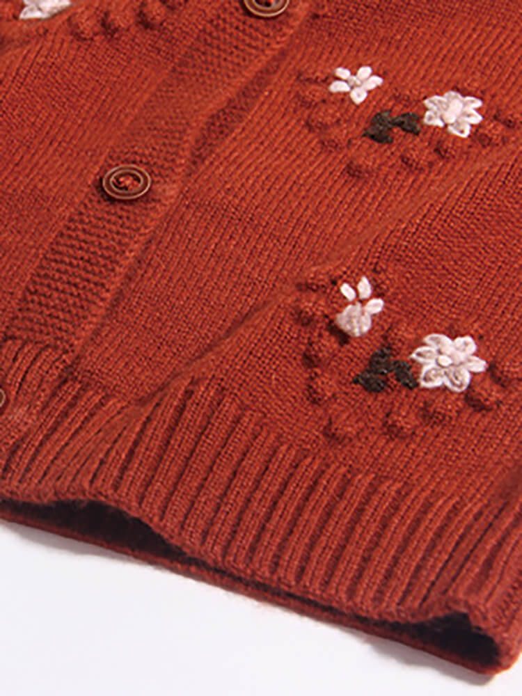 Girls Floral Embroidery Button-Front Cashmere Cardigan Sweater